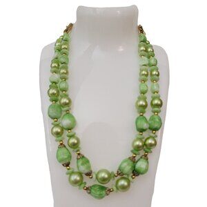 Trifari Green Glass Plastic Bead Necklace Shepherd's Hook Clasp Necklace, Signed